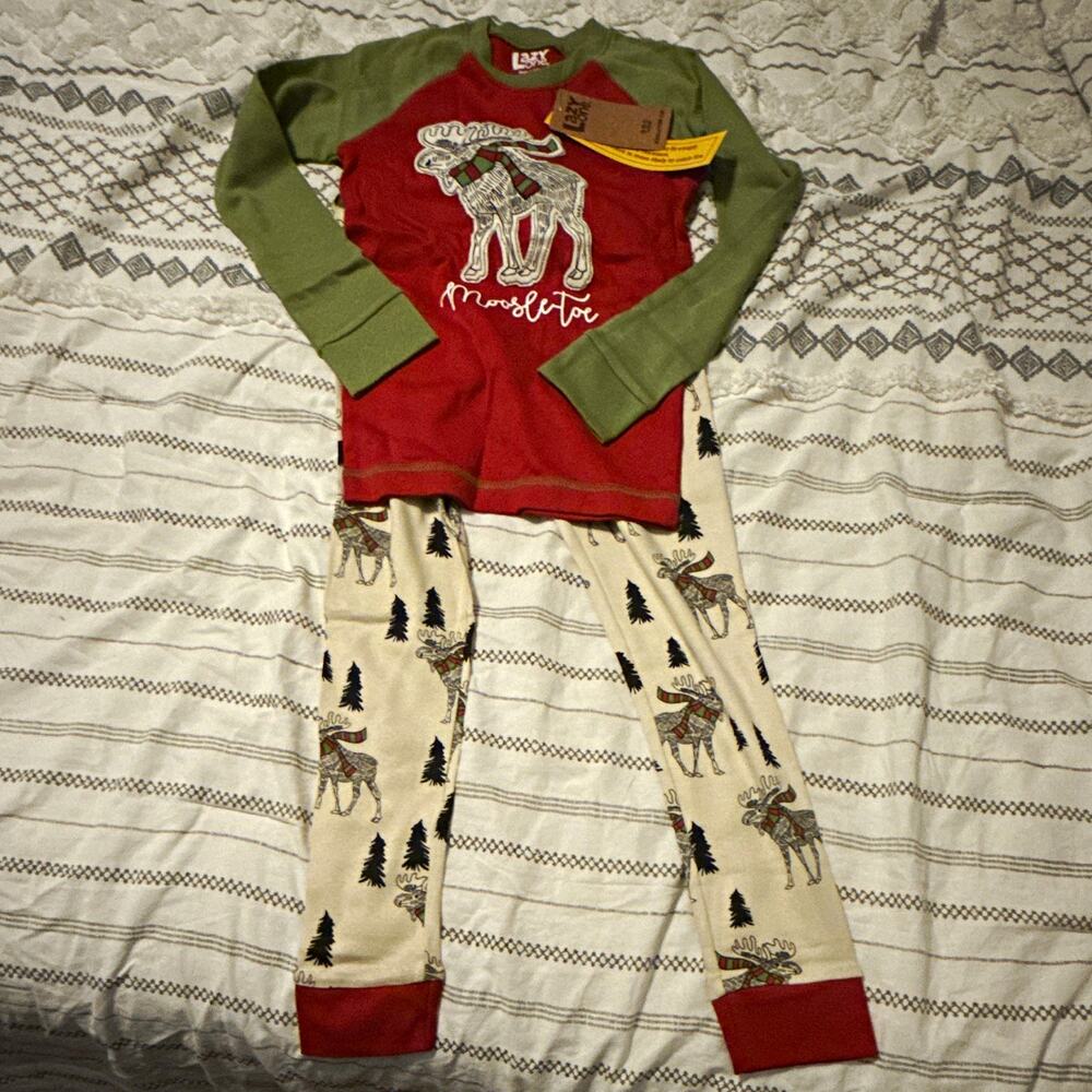 Lazy One Kids Moose Christmas Animal Print Pajama Set Cotton Size 8 2pc KID982